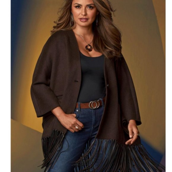 WOOL LEATHER FRINGE CAPE - Picture 1 of 4